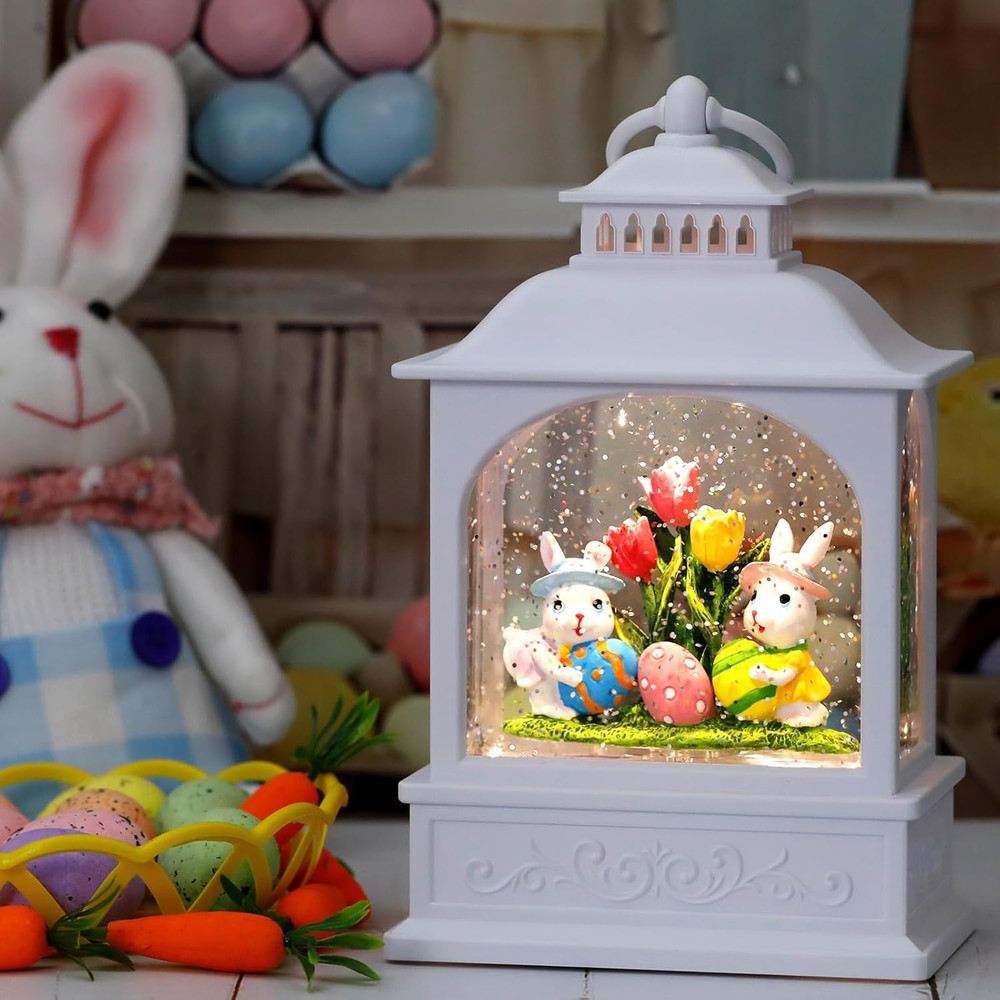 Easter Bunny Snow Globe, Easter Eggs Spring Snow Globe 6H Timer Glitter Lantern