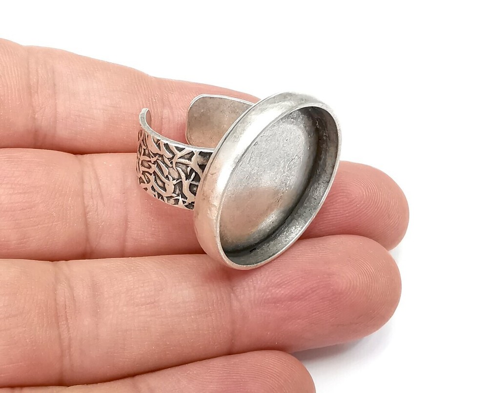 Round Antique Silver Ring Blank Setting, Cabochon Mounting Adjustable Resin Ring