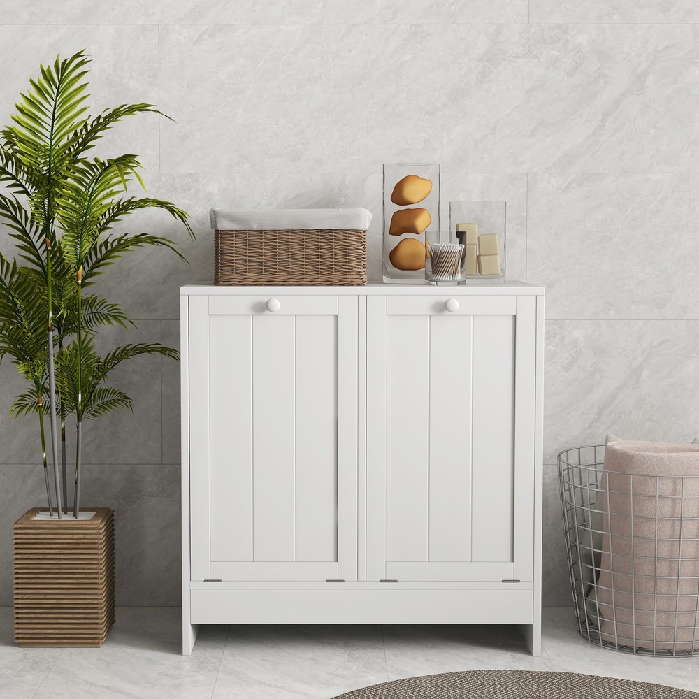 Tilt-out Laundry Storage Cabinet with 2 Hamper Compartments, White