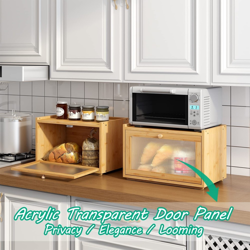 Large Bread Box for Kitchen Counter, Bamboo Bread Storage Container with Wavy...