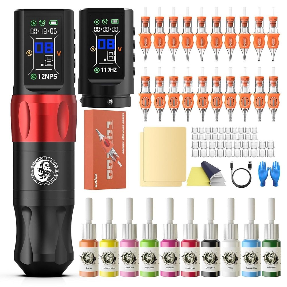 Wormhole Wireless Tattoo Kit w/ Dot Working Mode Power Supply Needles Inks