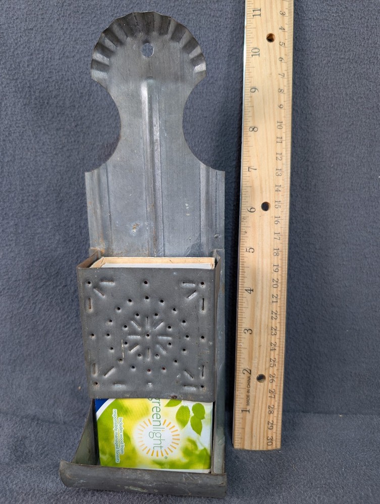 Primitive Galvanized Tin Wall Pocket Snowflake Design 11” Matchstick Holder