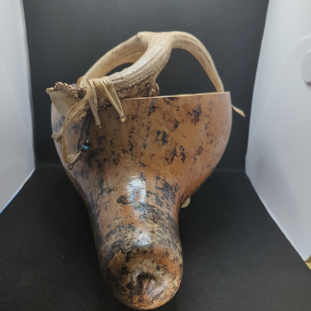 Large Gourd Bowl Cornucopia basket deer antler handle cabin rustic decor