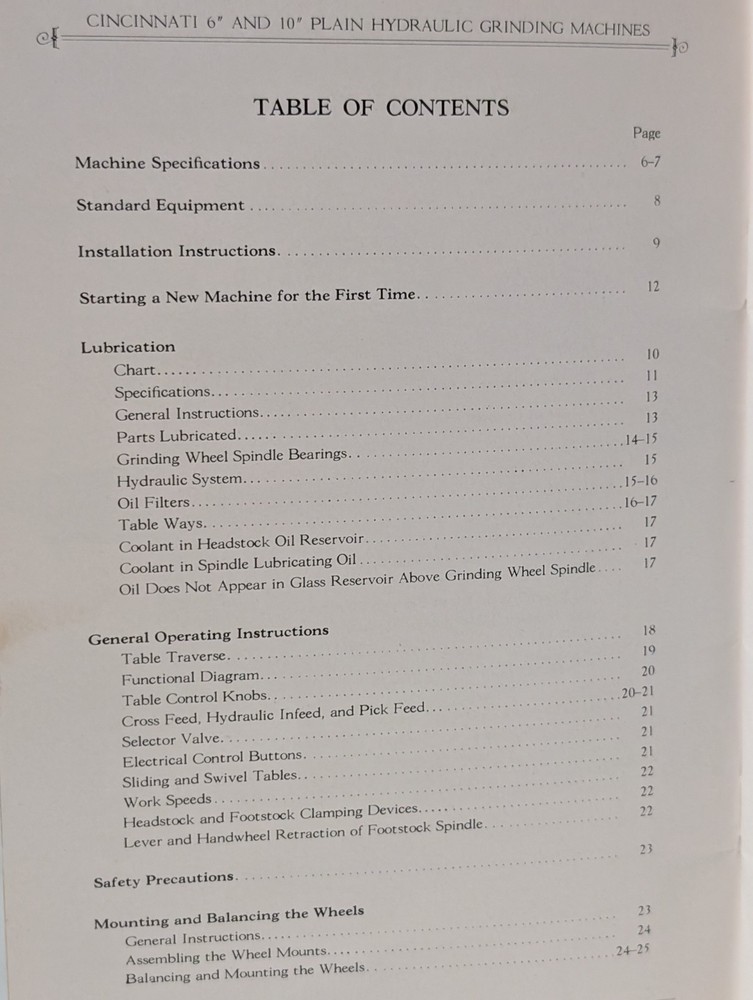 Cincinnati EA 6" & 10" Plain Hydraulic Grinding Machine Operators Instructions