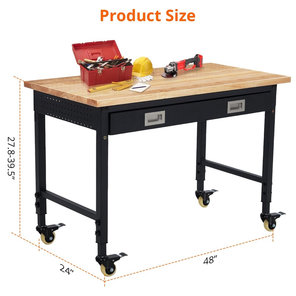 Adjustable Workbench 48"x24" Heavy-Duty Garage Worktable w/Power Outlet ,Wheels