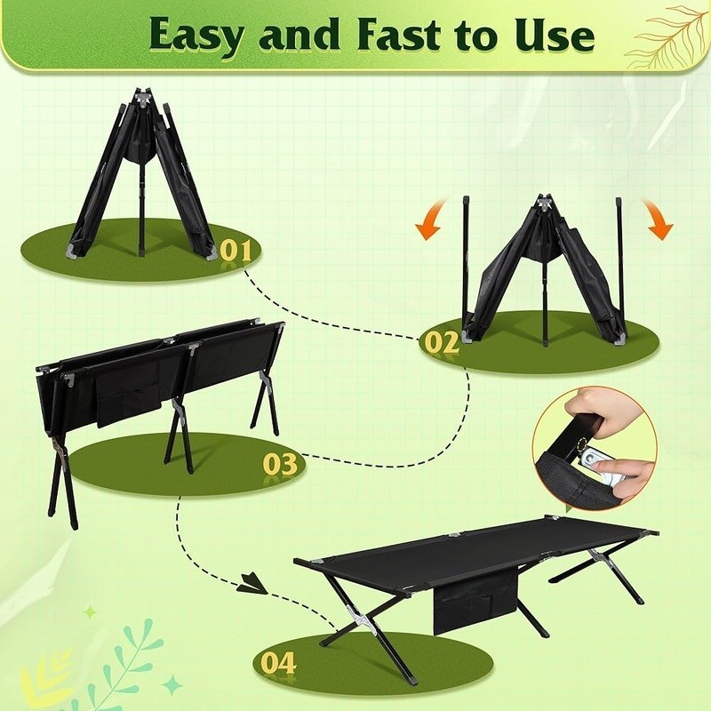 Portable Camping Cot Lightweight Foldable Bed W/ Side Pocket Quick Setup New