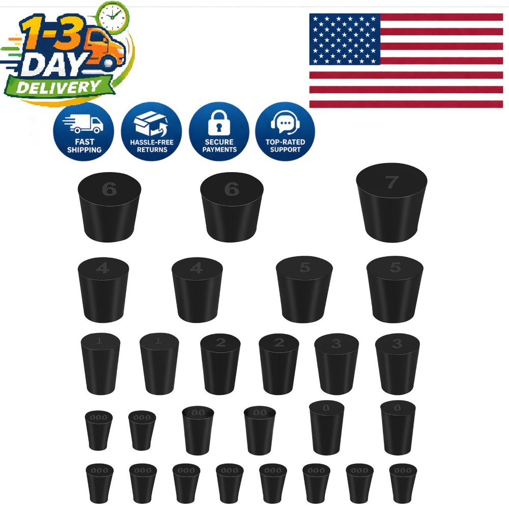 27-Pack Tapered Rubber Stoppers - Assorted Sizes for Safe Lab Applications