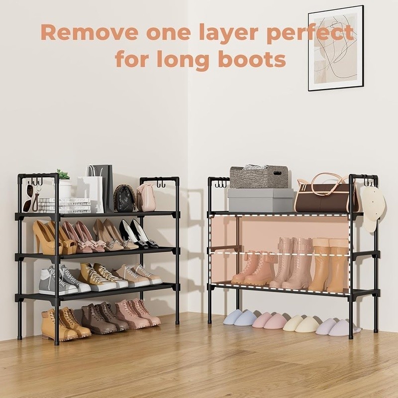 Stackable Shoe Rack 3 Tier Space Saving Organizer W/ Hooks Easy Assembly New