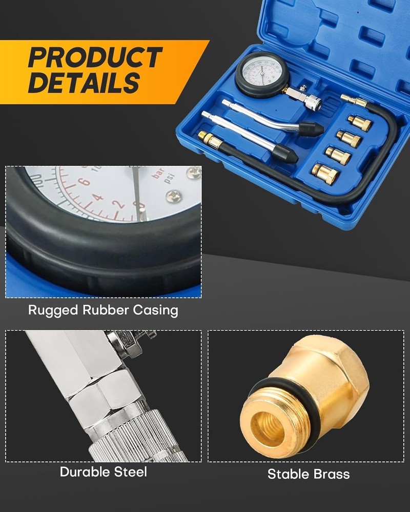 8PCS Engine Cylinder Compression Tester Kit 0-300 PSI