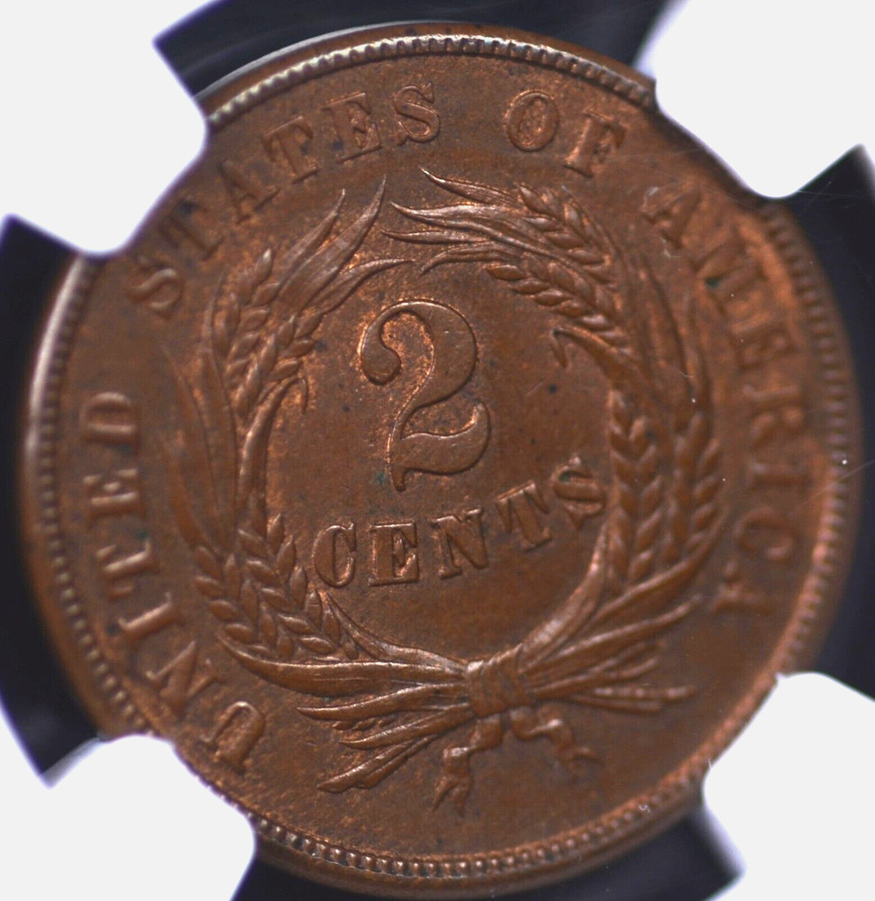 1865 TWO CENT PIECE NGC MS 62 BN PLEASING MEDIUM BROWN WITH SOME NICE MINT GLOW