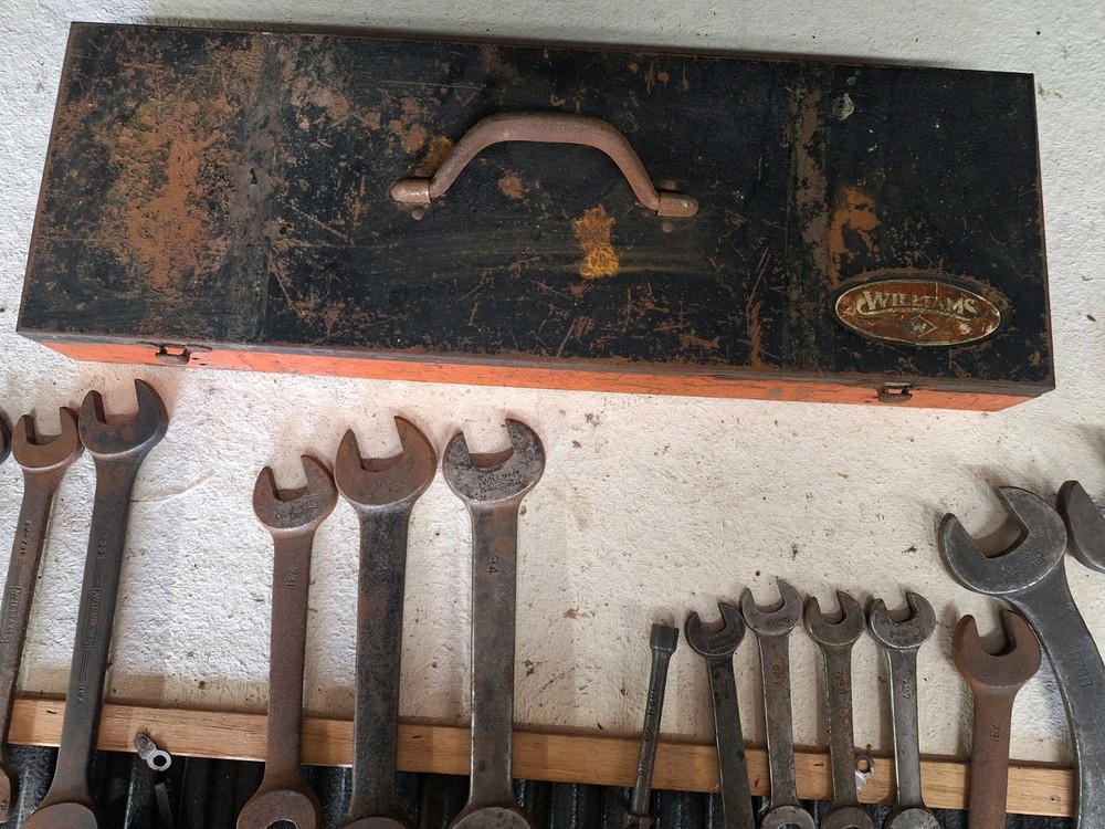 Vintage Williams metal toolbox with multiple Wrenches used