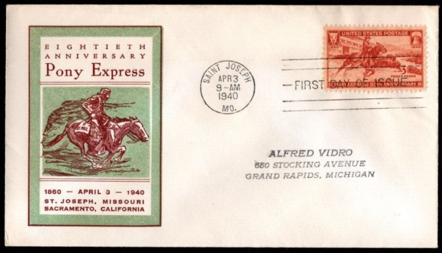 SC# 894 FDC, Pony Express, Linprint cachet, flap open