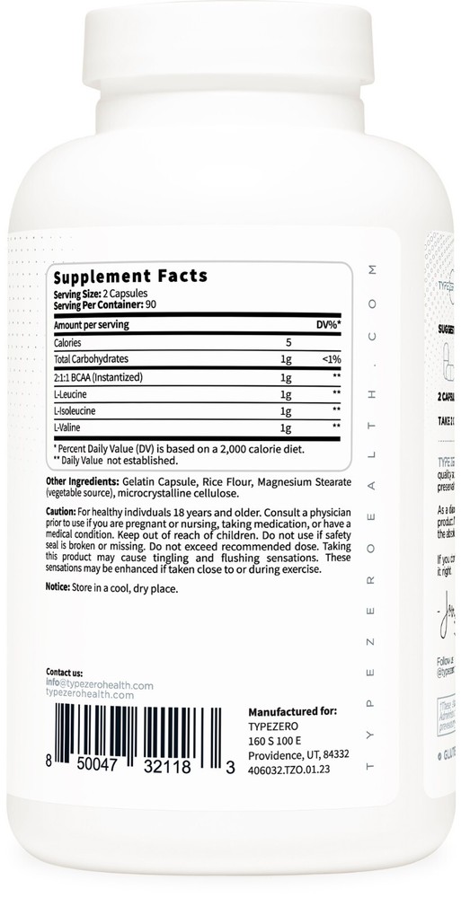 Type Zero BCAA 1000mg (180 Capsules, 90 Servings)