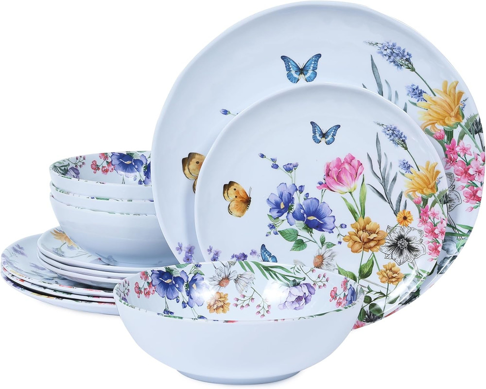 12 Piece Melamine Dinnerware Sets - Plates and Bowls Sets Floral Dinnerware Sets