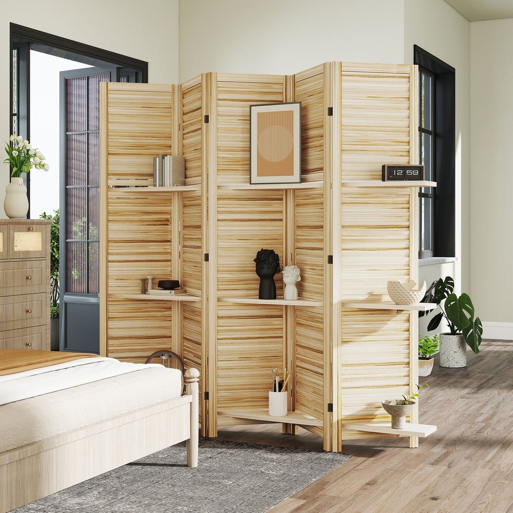 Wooden Privacy Screen 5 Panel 67H with 3 Shelves Foldable Base