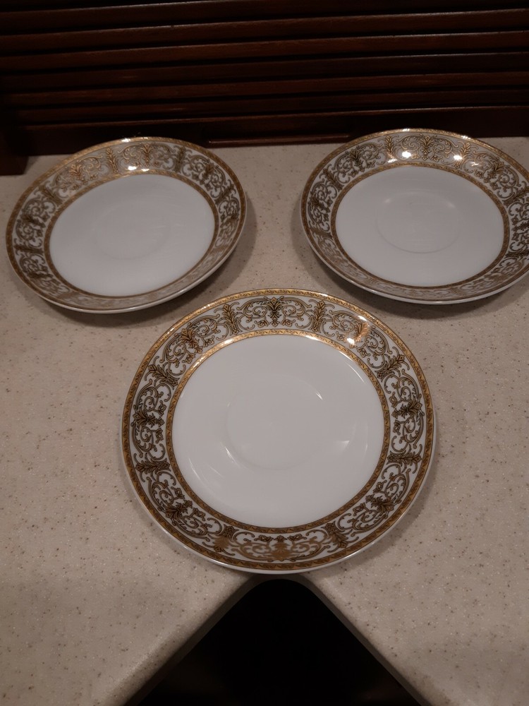 3 Royal Vienna Saucers Gold trim Pattern