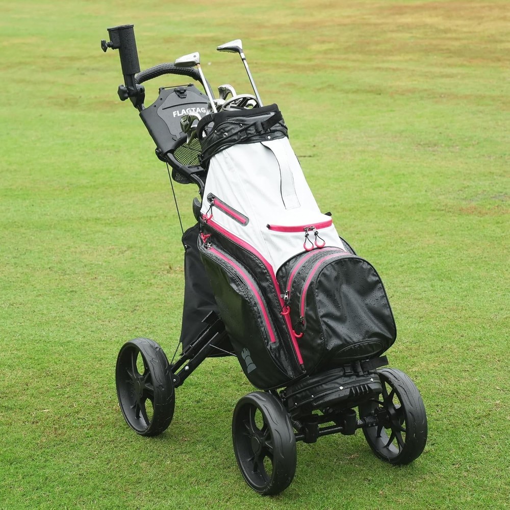 Premium Golf Folding Push Cart 4 Wheel - Cooler Cup Holder Adjustable Handle