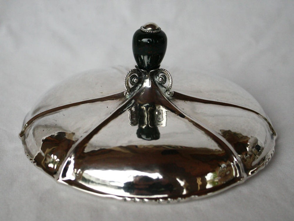 MAGNIFICENT 1920 GERMAN SILVER COVERED DISH WITH AGATE BASE & TOP