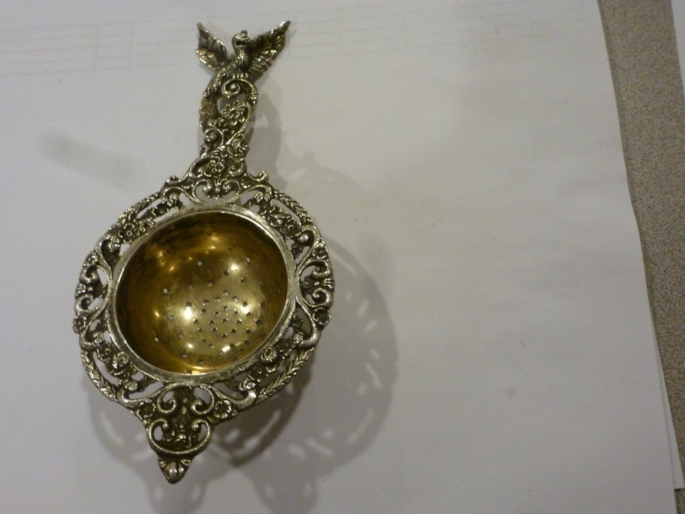 ANTIQUE PEACOCK FLORAL TEA STRAINER 7" 800 SILVER WITH HANDLE