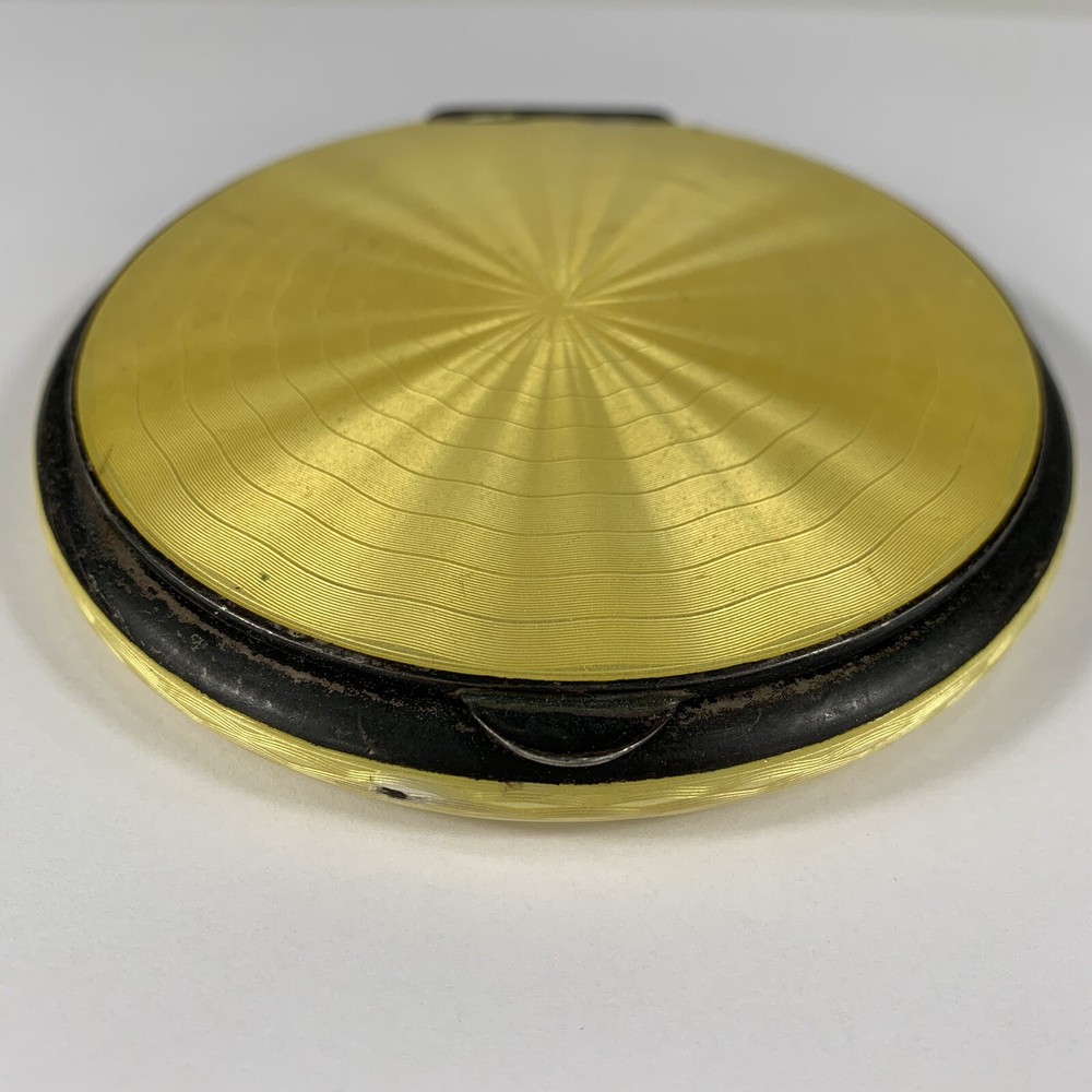 Fine Quality German Solid “935” Silver Yellow Guilloche Enamel Compact 10.5cm