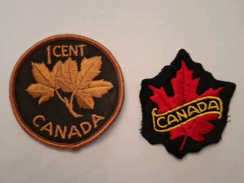 2 Canada Patches Brown 1 Cent & Red And Black Maple Leaf