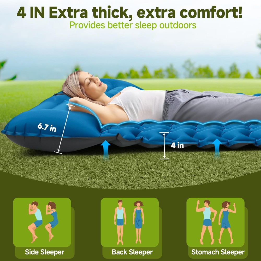 Double Camping Sleeping Pad, 4" Extra Thick 2 Person Inflatable Sleeping Pad ...