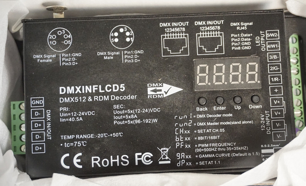 NEW Acolyte DMX 512 & RDM Decoder Digital Lighting Control DMXINFLCD5 5 Channel