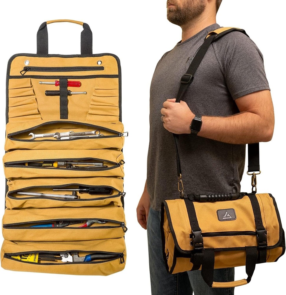 Tool Roll Up Bag - 18oz Heavy Duty Canvas - Motorcycle Tool Roll Pouch with 17
