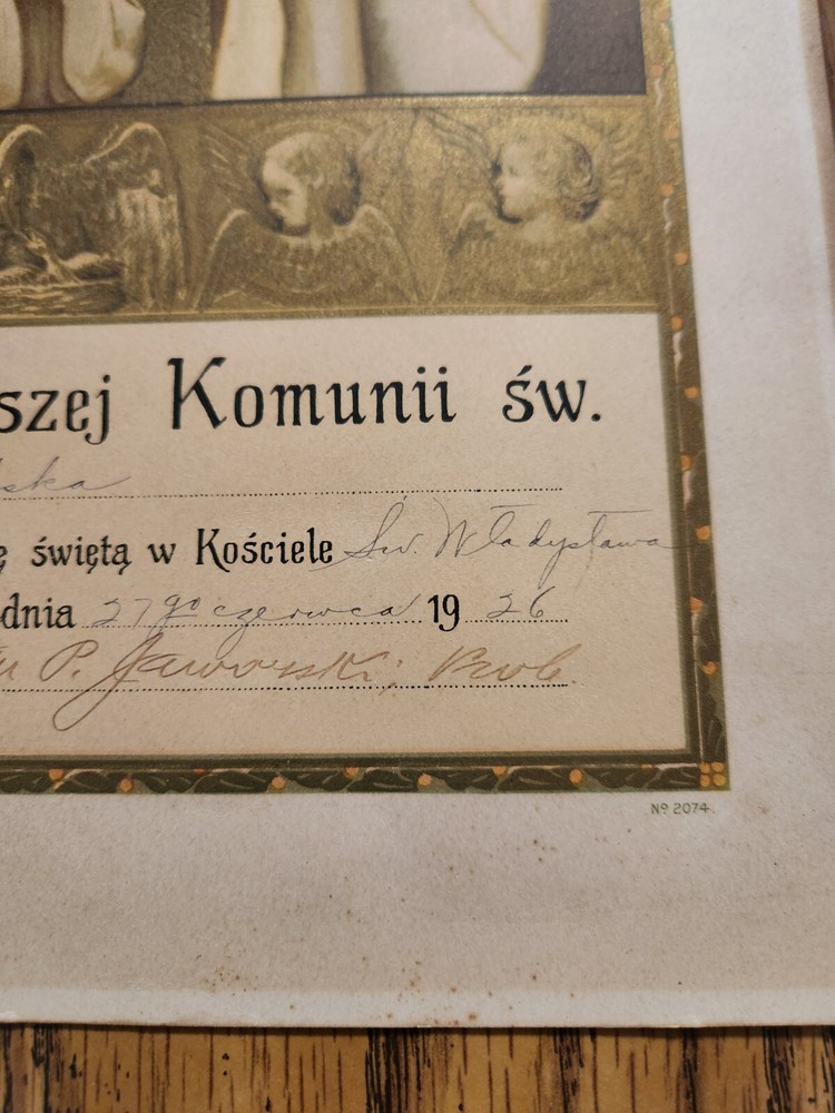 1926 Polish First Communion Certificate