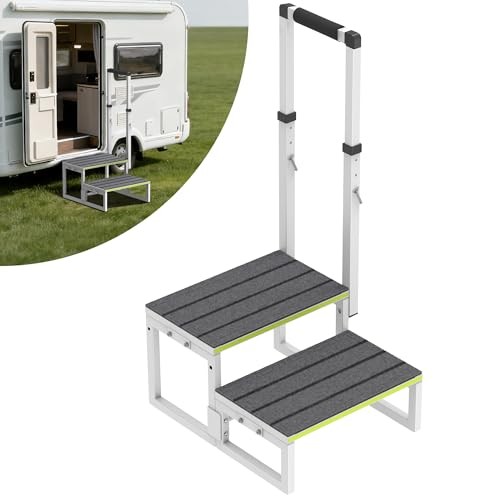 RV Steps with Handrail (26"-38"), Dual-Side Setup, Portable 2-Step RV White