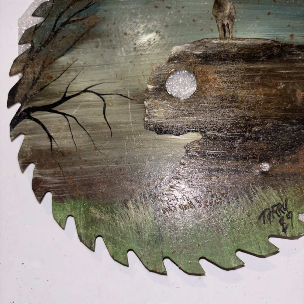 Hand Painted 7 Inch Saw Blade Deer Cliff Forest Rustic Folk