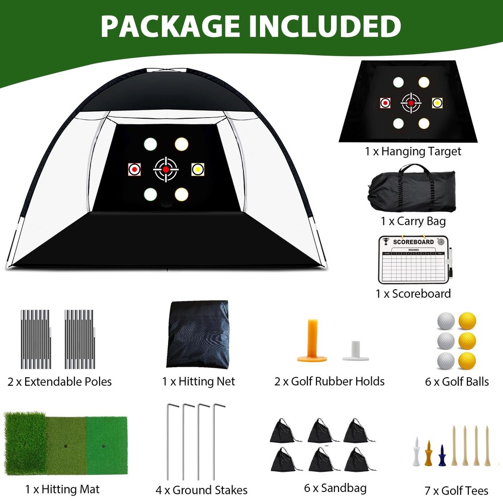 Golf Net, 10x7 Ft Practice Hitting Golf Net with Tri-Turf Mat, Ball, Tee, and...