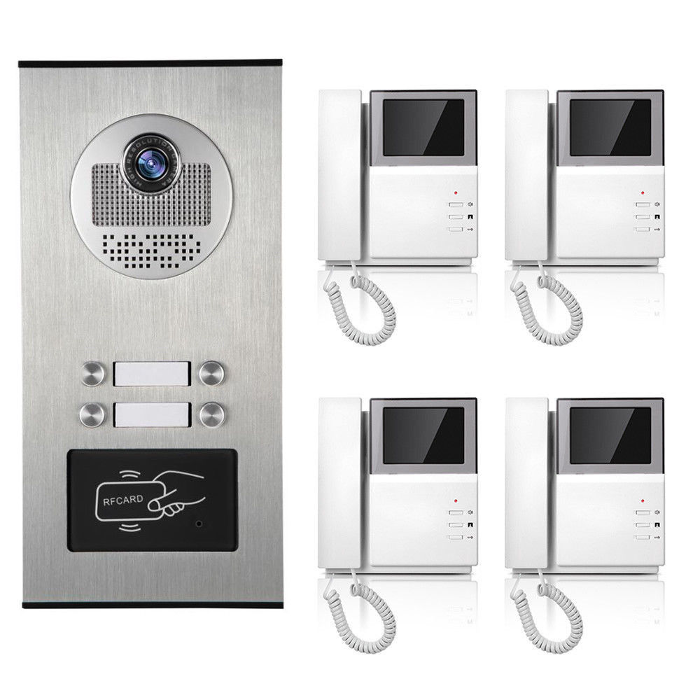 Apartment Wired Video Door Phone RFID Card Audio Visual Intercom System 4 Units