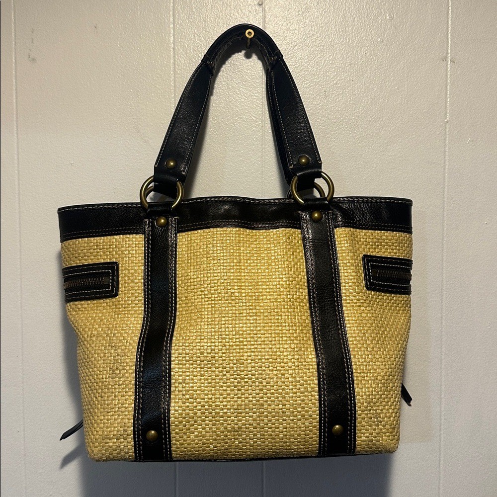 Coach woven tote with black leather