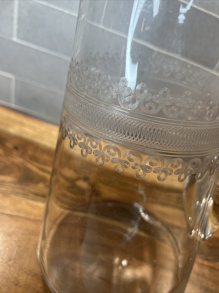 HAND BLOWN CRYSTAL ETCHED PITCHER 48oz OPEN LIP CRYSTAL APPLIED HANDLE
