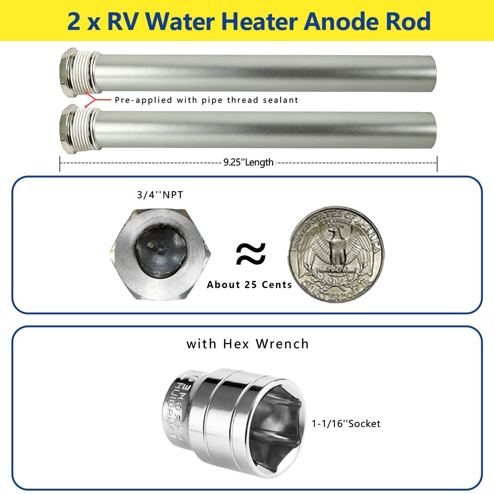 RV Water Heater Mg Anode Rod 9.25in x 3/4in NPT 2Pack for Suburban & MorFlo