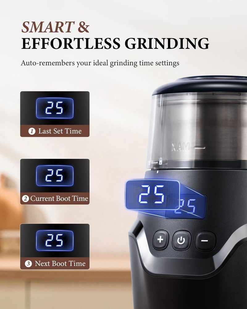 Adjustable Electric Coffee Bean Grinder, Super Silent with Smart Digital Timer