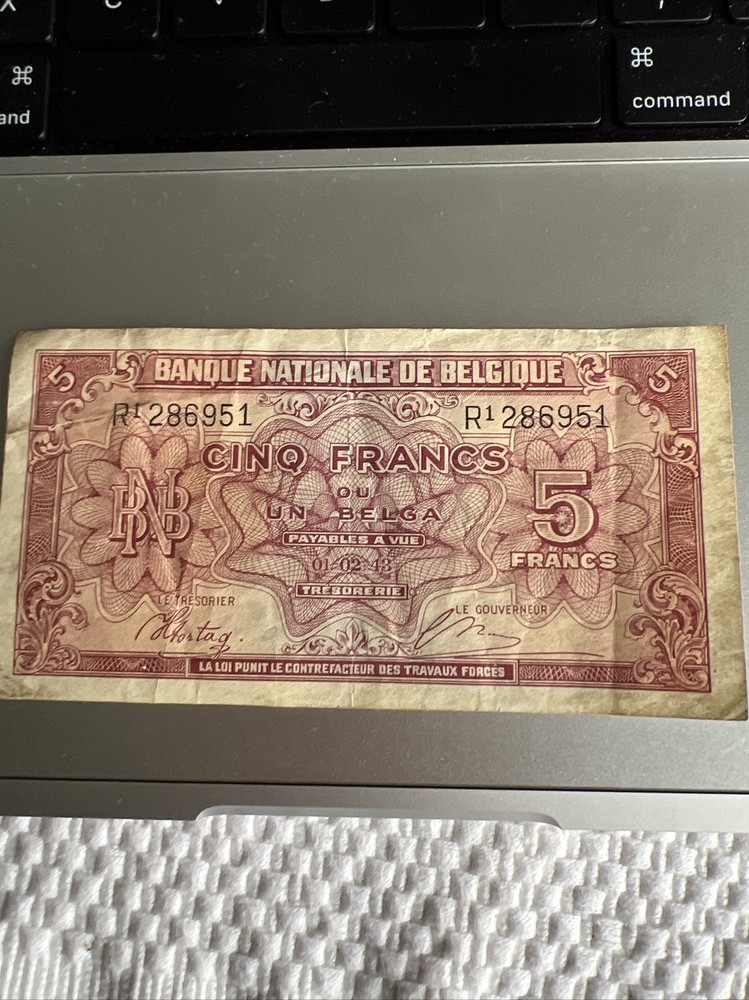 1943 Belgium 5 Francs Banknote Circ