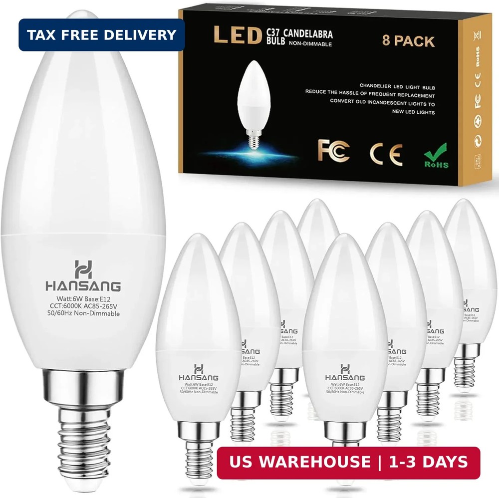 hansang 8-Pack E12 Candelabra LED Light Bulbs, 6000K Cool Daylight White, Small