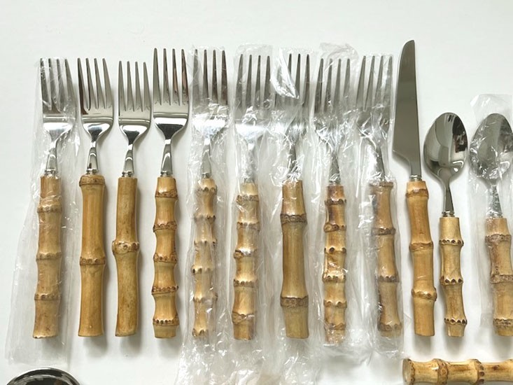 23 ASSORTED PCS. *KOALA LOVE* BAMBOO HANDLE STAINLESS FLATWARE-UNUSED OPEN BOX