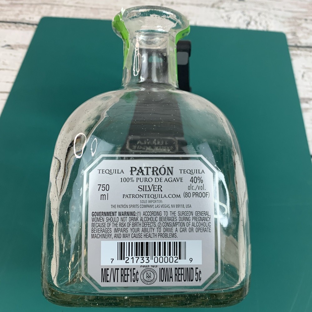 Tequila Silver Patron 100% Agave Empty Bottle without Cork Lid 750 ml