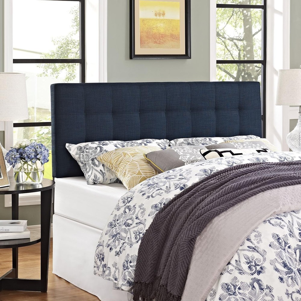 Queen Tufted Linen Upholstered Headboard Navy Modern Adjustable Height