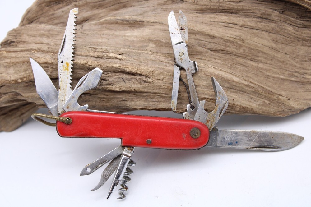 INTERPUR 2 BLADE 8 TOOLS RED PLASTIC HANDLE POCKET KNIFE 3.5" CLOSED (KB4)