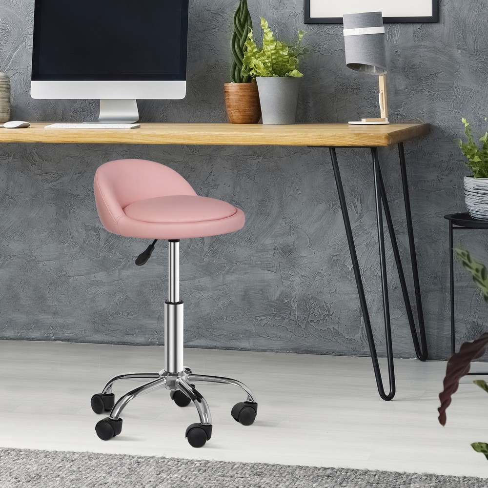 Rolling Stool Adjustable Height Hydraulic Swivel Salon Stool with Backrest Pink