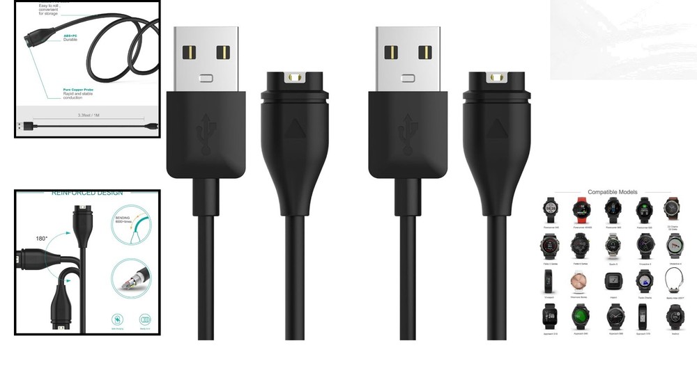 Compact 3.3ft USB Charging Cable for Garmin Devices - 2 Pack