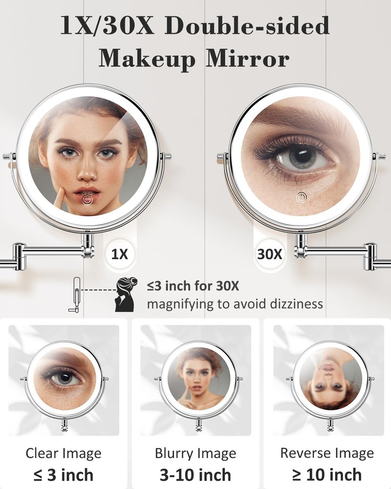 9'' 30X/1X Wall Mounted Lighted Makeup Mirror, Height Adjustable Double Sided...