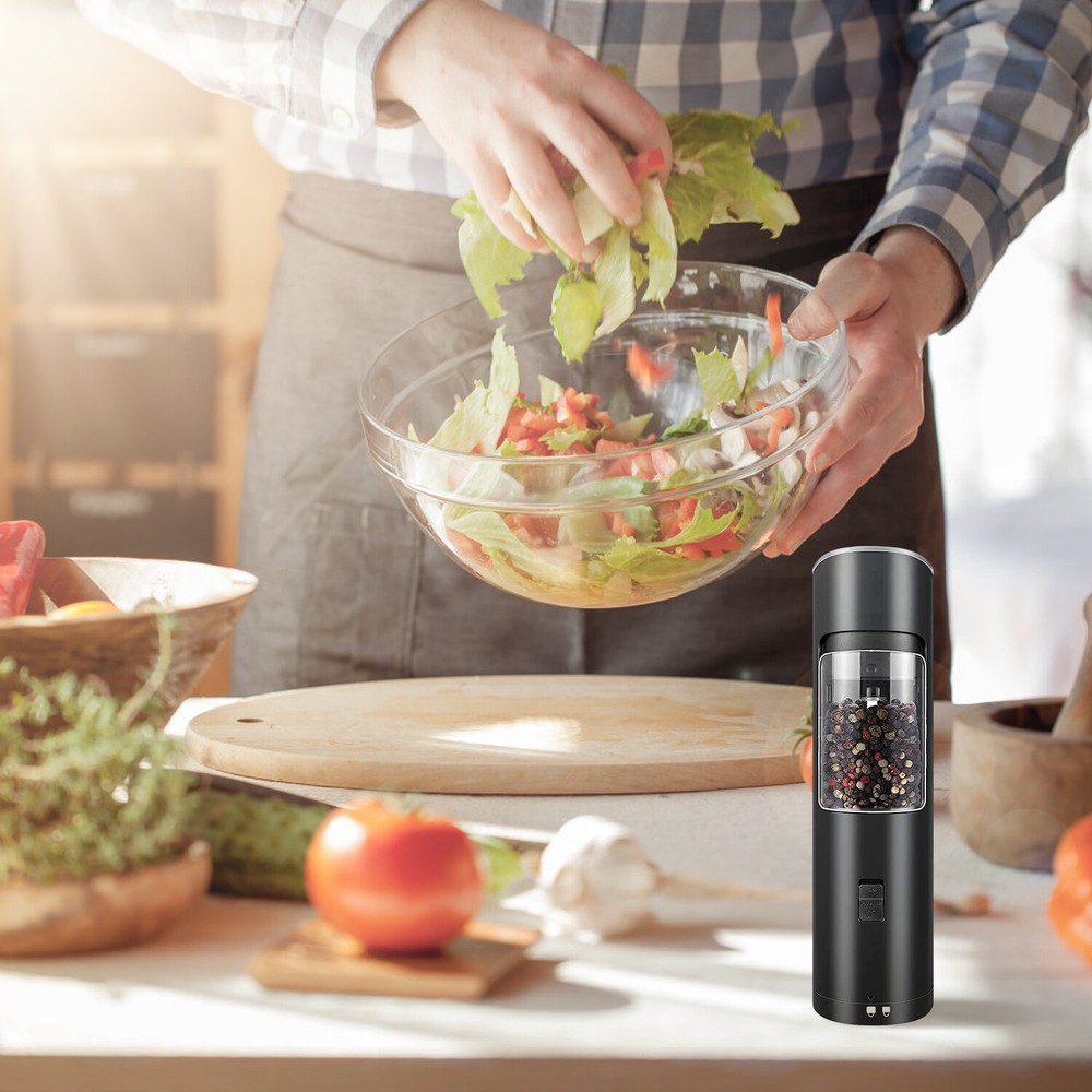 Electric Black Salt & Pepper Grinder LED Light Adjustable USB High-capacity