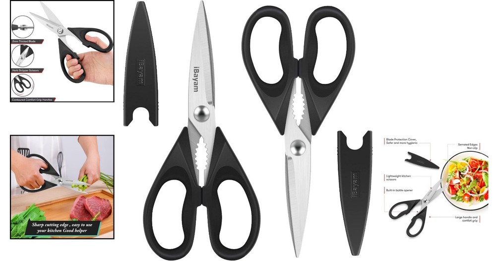 Black Kitchen Scissors 2 Pack Dishwasher Safe Multi-Purpose Cuts
