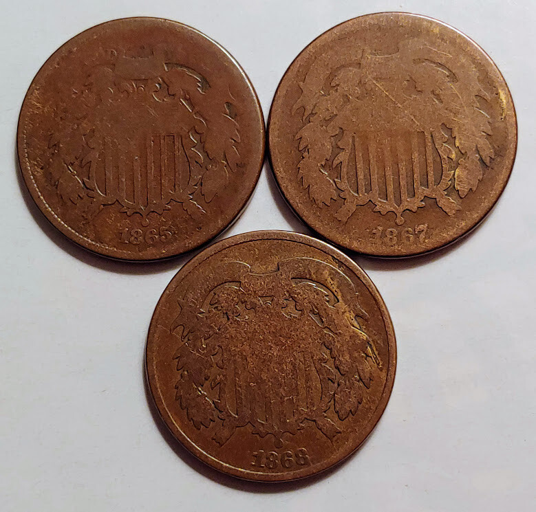 2 Two Cent Shield Copper 1865 1867 1868, Circulated Conditions - C8584