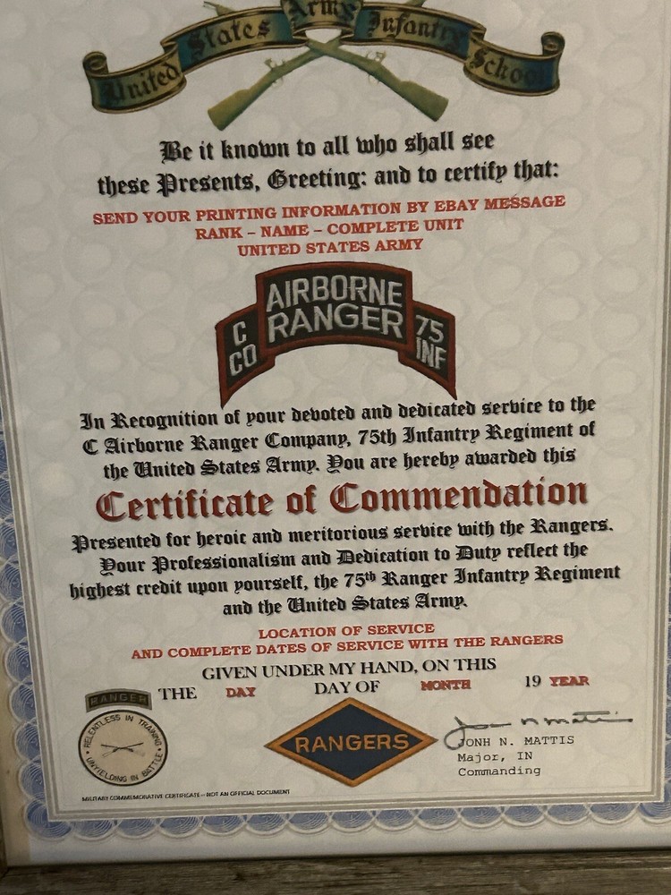 U.S. ARMY RANGER - C CO / 75 INFANTRY COMMENDATION CERTIFICATE (COMMEMORATIVE)